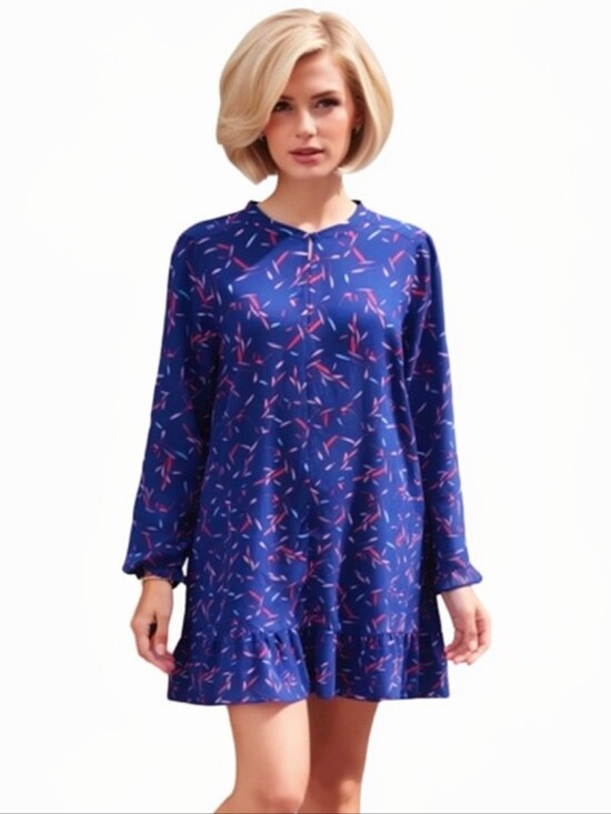 Banana Republic Dresses & Skirts - Banana Republic Blue Printed Long-Sleeve Ruffle-Hem Dress Size S Retro Casual